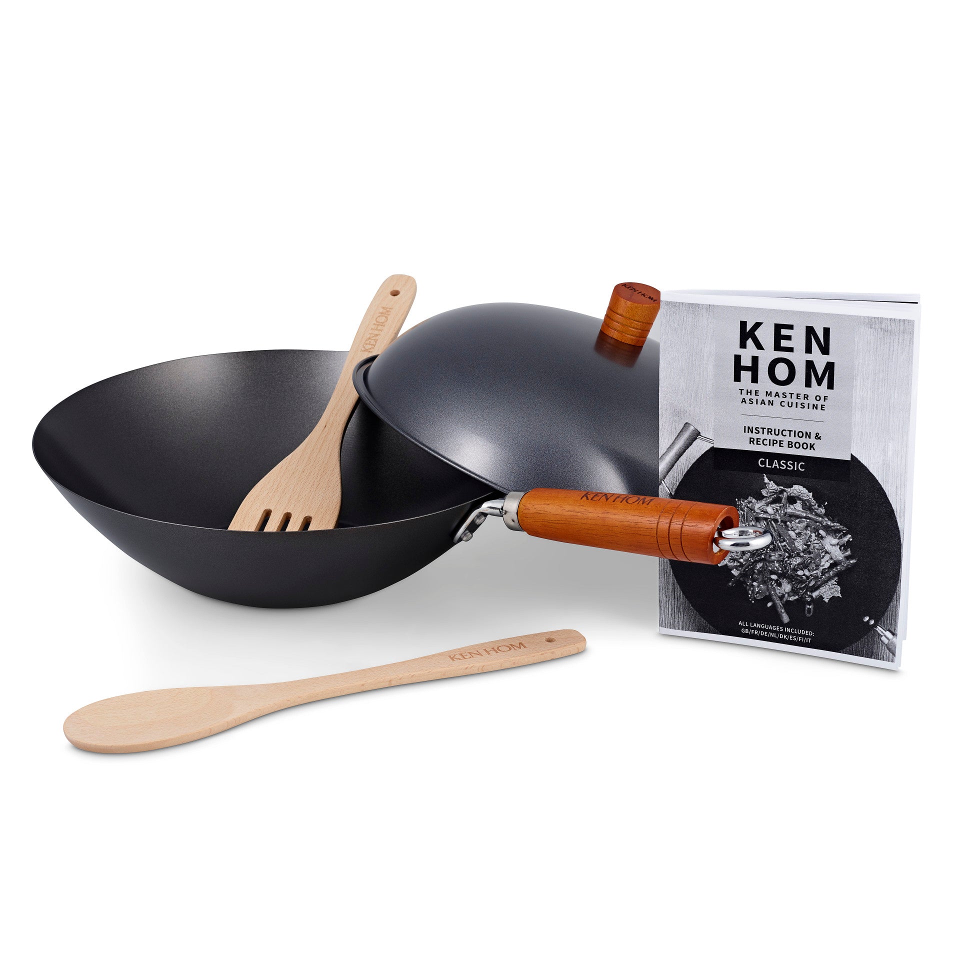 Ken Hom Woks Classic 5 Piece Wok Set With Lid, Spatula and Spoon 31cm